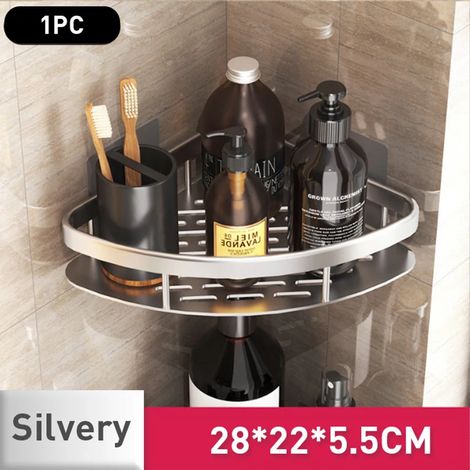 (Silver Rriangle) Étagère murale de salle de bain sans perçage, étagère de douche, organisateur de rangement de cuisine, porte-shampoing, organisateur de rangement de maquillage (1/5)