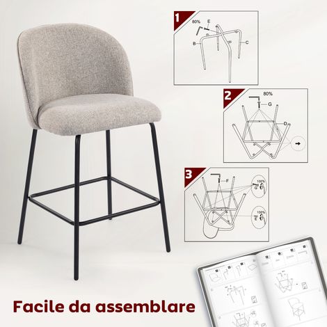 Lot 2 Tabourets Comptoir Hauts avec Dossier + Repose-Pieds, Siège Tissu Gris, Piètement Métallique (1/5)