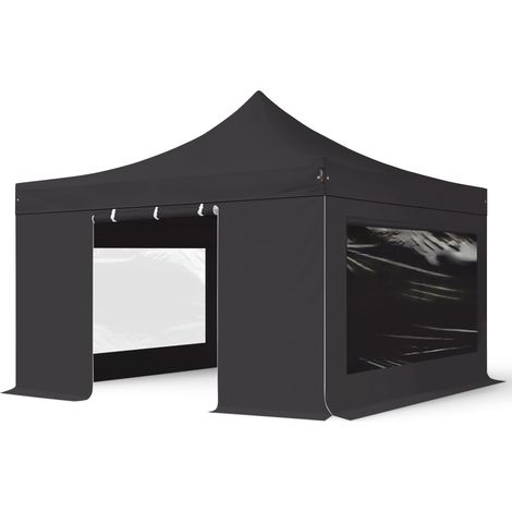 TOOLPORT 4x4m PVC 800 Pop up gazebo party tent PREMIUM Steel 40 mm, incl. Sidewalls with Panorama Windows, fire resistant, black