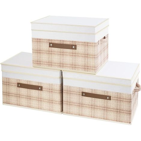 Boîte de Rangement avec Couvercle Pliable, Tissu, Patchwork, Rangement Tissu, 38x25x25 cm, Brun Clair (1/5)