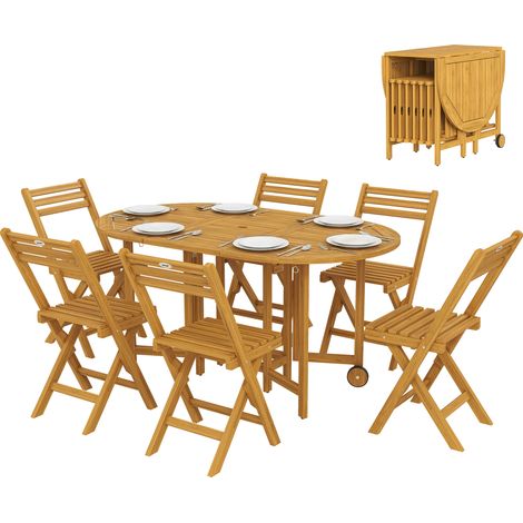 Ensemble de salle à manger extensible en bois 7 pièces avec 6 chaises pliantes pour le jardin