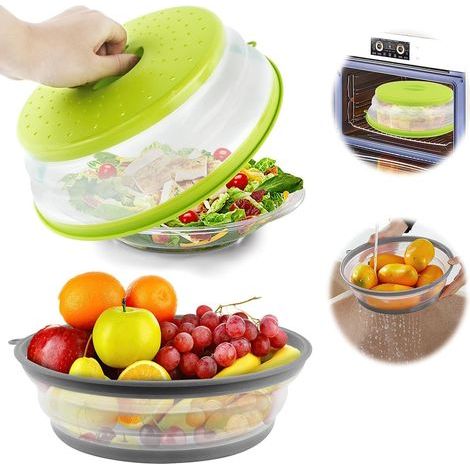 Cloche Micro Ondes Couvercle Micro-Onde Retractable 2pcs 26.5cm Couvercle Cloche Alimentaire Pliable pour Micro Onde, Fruits, Légumes (Gris, Vert)