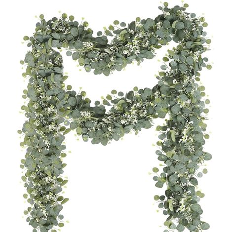 Lot de 2 guirlandes d'eucalyptus artificielles - 180 cm - Feuilles blanches à suspendre - Vert - Eucalyptus - Décoration florale - Plante artificielle - Pour mariage, fête, cadre de porte (1/5)
