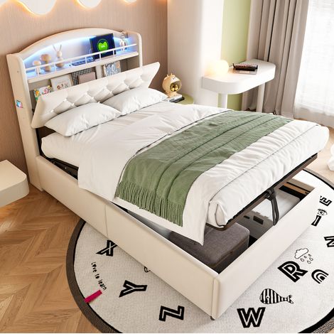 Cama infantil tapizada con almacenaje LED USB 90x200 beige OKMYHOME (1/5)