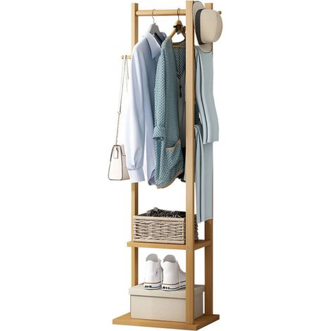 Portant à Vêtements en Bambou avec 3 Patères et 4 Tringles, Porte Manteau sur Pieds avec Étagères de Rangement pour Entrée Chambre Salon, Stable et Gain de Place, Naturel (1/4)