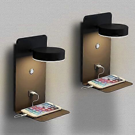 Lot de 2 lampes murales LED d'intérieur avec interrupteur et interface USB, lampe de chevet tricolore 12 W à intensité variable, lampe de lecture murale orientable