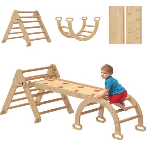 AIYAPLAY 7 en 1 triángulo de escalada montessori con arco y rampa, escalada para niños de madera plegable, para 18-48 meses, 188x70 cm, natural