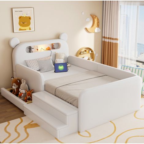 Letto imbottito per bambini 90x200 cm, testiera a orso con luce notturna e porta USB, contenitore, ecopelle bianca (1/5)