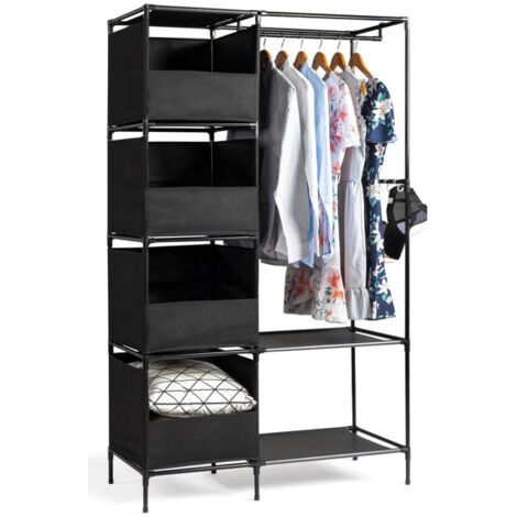 Armoire penderie suspendue 4 niveaux 105x45x170cm noir, dressing tissu avec rideau et rangements