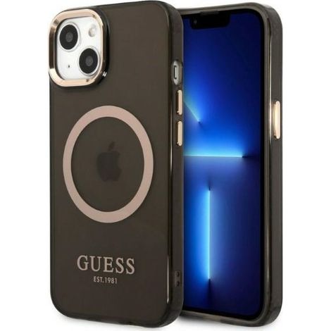 Funda rígida Guess GUHMP13MHTCMK para iPhone 13/14/15 de 6,1 pulgadas, color negro/negro, con contorno dorado y MagSafe translúcido. (1/5)