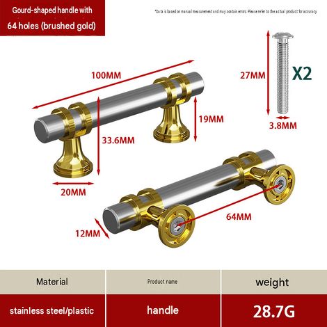 CYUNSHOP Lot de 5 poignées en T à embase évasée – Entraxe 64cm, Argent+Or bicolore, pour armoires et meubles. (1/5)