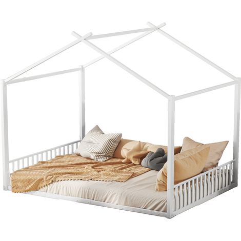 Lit cabane 140 x 200 cm en métal blanc, structure maison pour enfant, sans matelas, robuste et facile à monter, idéal chambre moderne - CHICFURN (1/5)