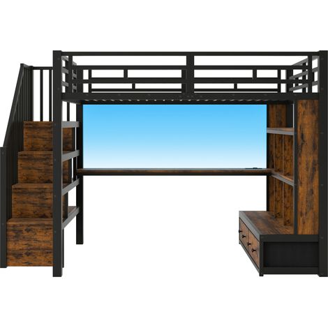 Hochbett 140 x 200 cm mit Schreibtisch, Regalen, 2 Schubladen und Stauraumtreppe, schwarz (1/5)