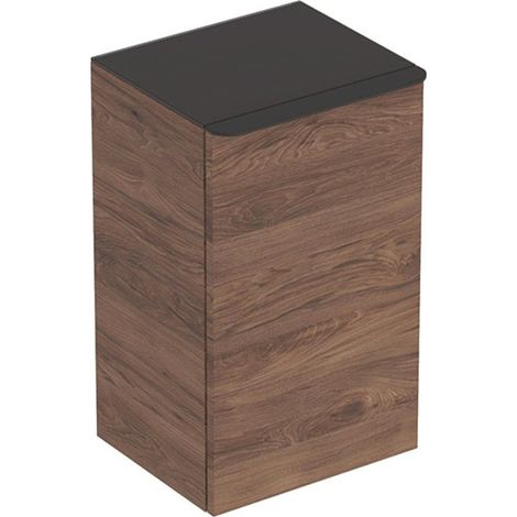 Meuble latéral bas Geberit Smyle Squareavec une porte: Largeur 36cm, Hauteur 60cm, Profondeur 32.6cm, Noyer Carya/mélamine structuré bois, gris velouté / thermopoudré mat, Charnières à gauche