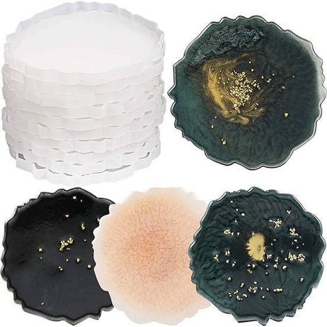 10 moules à sous-verres irréguliers en silicone blanc transparent pour résine époxy et cristaux, avec bases standard