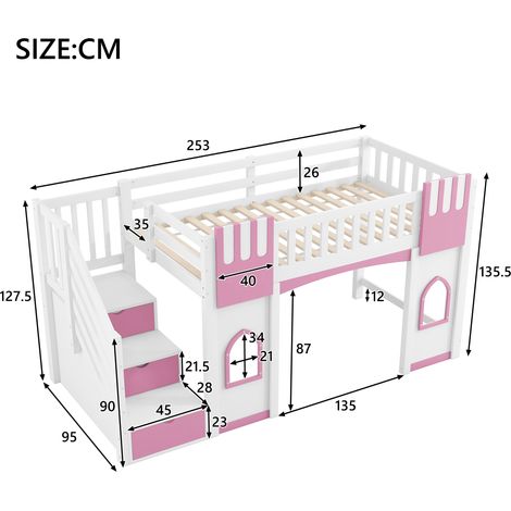 Lit mezzanine 90x200 cm avec escalier de rangement et fenêtre, blanc et rose (1/5)