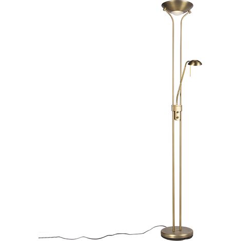 QAZQA + Moderno Lámpara de pie de bronce con lámpara de lectura con LED y atenuador - Diva 2 Acero Redonda /Alargada Incluye LED Max. 1 x 18 Watt