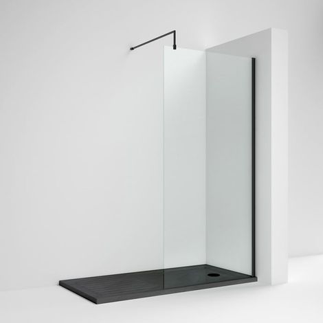 Nuie Wet Room Screen 1850mm High x 1100mm Wide with Support Bar 8mm Glass - Matt Black