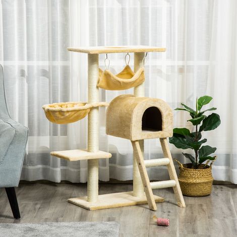 Rascador multinivel para gatos con hamaca y casita, cuerdas de sisal natural, 55 × 30 × 100 cm (1/5)