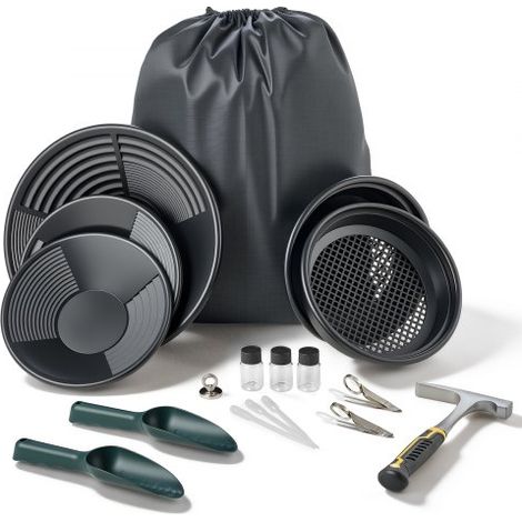 Goldwaschpfanne 10 & 14 Zoll, Goldwannenbecken aus PP, 19-tlg. Tragbar, mit Klassiersieben, Sandmagnet, Steinhacke, Schaufeln, Rucksack und Zubehör, Gold Waschpfanne Tray Kit, Schwarz (1/5)
