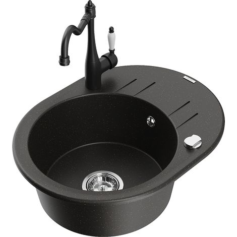 Mexen Kevin fregadero de granito de 1 senos con escurridor y grifo de cocina Carla, negro/dorado metálico - 6517-75-670700-70 (1/5)