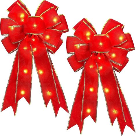 Bow De Noël - 50 x 20 cm - Velours Rouge Bord Doré - Pour Arbre À Noël Porte Guirlande Couronne - 2 Pièces (1/5)