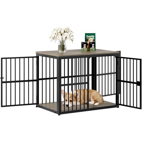 Mobile gabbia per cani 84x56x66 cm in ferro e pannelli in legno grigio, modulare (1/5)