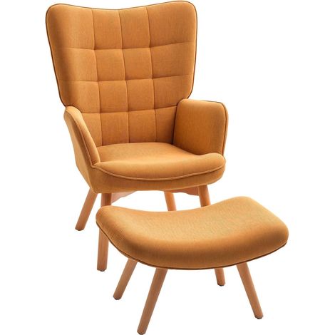 Sessel mit Hocker, Ohrensessel mit Hoher Rückenlehne, Holzbeine, Loungesessel mit getuftetem Design, Cord-Optik, für Wohnzimmer, Braun