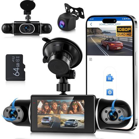 1080P Dashcam Voiture 360° avec 5GHz WiFi, 4 Caméras Avant Arrière Intérieur Gauche, Nachtsicht Ohne Licht, Écran Tactile IPS 3", Enregistrement en Boucle, Capteur G,Contrôle Via Application (1/5)