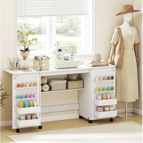 Table de couture pliante à roulettes, meuble de couture avec 2 portes magnétiques, 4 compartiments et 20 porte-bobines, plateau rabattable blanc MDF pour loisirs créatifs – CHICFURN (1/5)