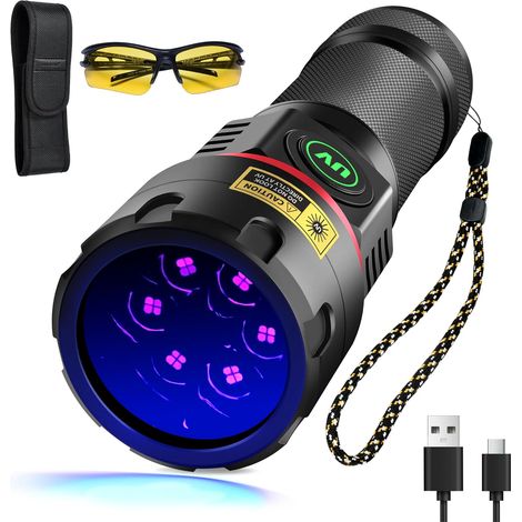 Lampe Torche UV 395 nm Lumière Noire [6xLED Quad-ricœur], Lampes de Poche Puissante 80W Rechargeable Lampe Wood Ultraviolette, Résine Durcissante, Détecteur pour d'Urine, Verre d'Uranium (1/5)