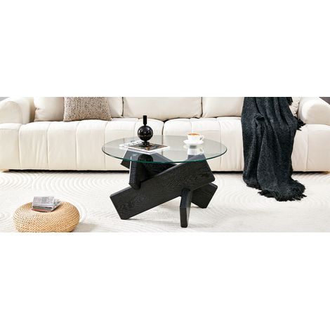 Table basse ronde MDF verre Ø79cm Design croisé noir moderne élégant (1/5)