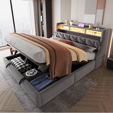 letto contenitore 180x200 LED USB velluto grigio camera HAVRYA (1/5)