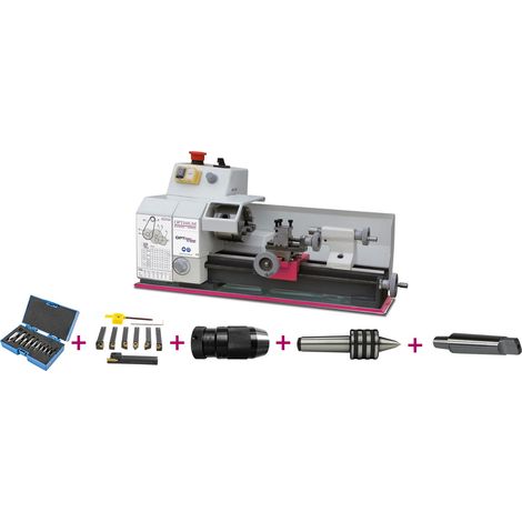 Tour à métaux d'établi hauteur des pointes 75 mm entre-pointes 265 mm alésage 11 mm 0,45 kW 230V avec accessoires Optiturn TU1503V PACK