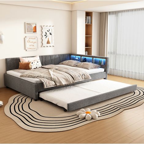 Cama dormitorio LED carga USB y almacenaje practica gris OKMYHOME (1/5)