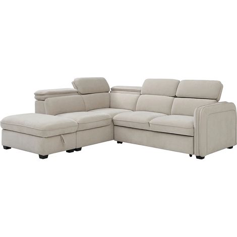 Canapé d'angle gauche convertible et pouf en tissu beige BALOTIA (1/5)