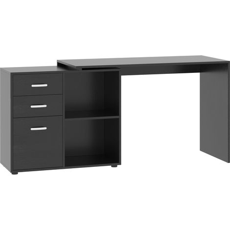 Bureau d'angle pour ordinateur avec 2 tiroirs et étagères ouvertes, bureau d'angle en forme de L en bois et métal, 117 x 83,5 x 76 cm, noir (1/5)