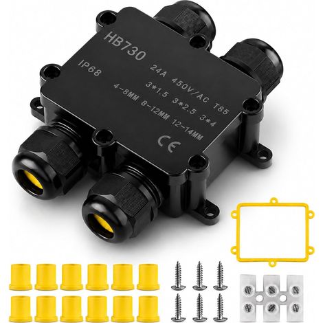 Boite de Derivation Etanche Exterieur IP68, Boite Derivation Etanche 4 Voies Boite Etanche Electrique Exterieur,Boîte de Jonction étanche IP68 pour Câbles électriques Ø 4mm -14mm, Noir (1/5)