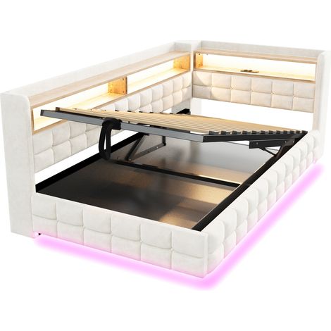 Cama tapizada 90 x 200 cm con almacenaje, LED, enchufe, USB-C y estantes de madera, beige (1/5)