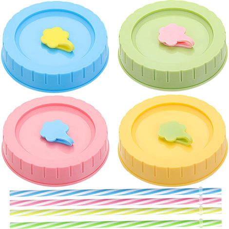 4 Pièces Couvercles de Bocaux avec Trou, Couvercles de Bocaux Mason à Large Ouverture, Couvercles pour Canettes de Soda et Boissons (1/5)