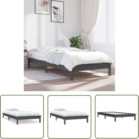 The Living Store Cadre de lit sans matelas gris 90x200 cm bois massif - Cadre De Lit - Lit Double - Lit En Bois - Bois Massif - Design Moderne (1/5)