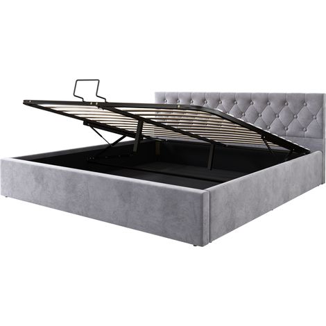 Cama canapé doble 180 x 200 cm de terciopelo gris con cabecero capitoné HOMVRA (1/5)