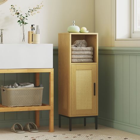 Meuble-lavabo de salle de bain, meuble-lavabo étroit sur pied avec étagères réglables, couleur bois naturel. (1/5)