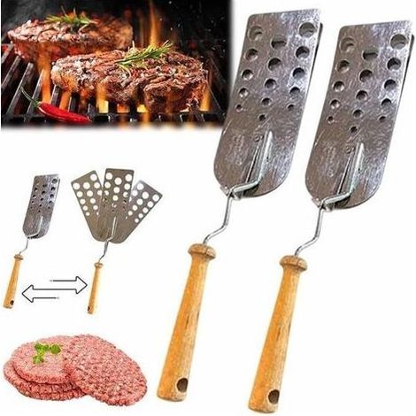 Lot de 2 Spatule à retourner les hamburgers Creative 3, construction en acier avec manche en bois, spatule résistante à la chaleur pour griller et cuisiner (1/4)