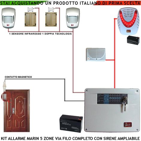 Impianto Antifurto Kit Marin Centrale a 5 Zone 2 Sensori di Movimento 2 Contatti Magnetici 1 Contatto Magnetico Per Infissi Metallici Sirena Interna ed Esterna Lampegggiante 2 Chiavi Doppio Profilo (1/4)