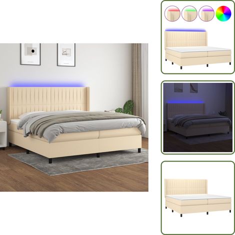 Sommier à lattes de lit matelas et LED Crème 200x200 cm Tissu - Sommier Tapissier - Lit Plateforme - Lit Avec Led - Matelas À Ressorts Ensachés - Têtière Ajustable (1/5)