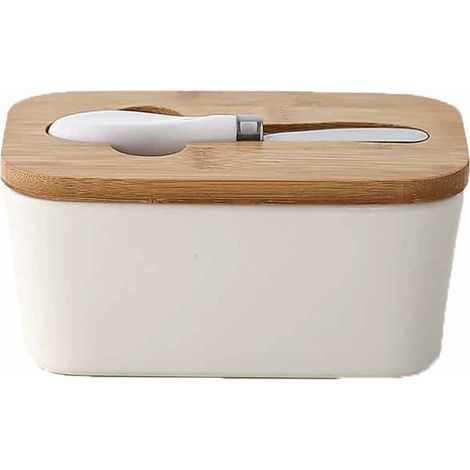 Beurrier avec couvercle pour comptoir, grand beurrier en céramique avec couteau, récipient à beurre en céramique avec couvercle hermétique, bon cadeau de cuisine (blanc) (1/5)
