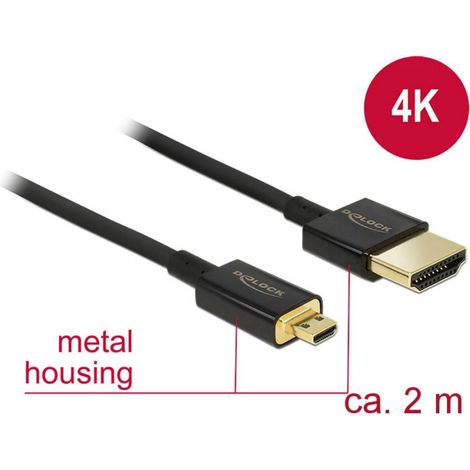 Delock HDMI Cavo Spina HDMI-A, Spina HDMI Micro-D 2.00 m Nero 84783 UHD 4K,, contatti connettore dorati Cavo HDMI