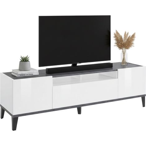 Dmora - Mueble de televisión Dfigol, Aparador bajo para salón con 2 puertas, base soporte TV, 100% Made in Italy, cm 160x40h47, Blanco brillo y Pizarra