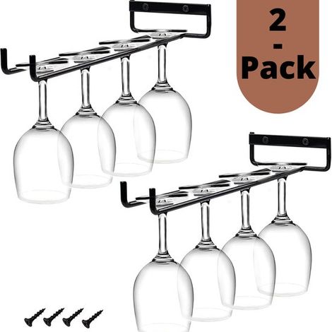 Porte-verres à vin mural - Lot de 2 - Capacité 8 verres - Support suspendu pour verres à vin - Étagère de rangement - Casier à verres - Noir (1/5)
